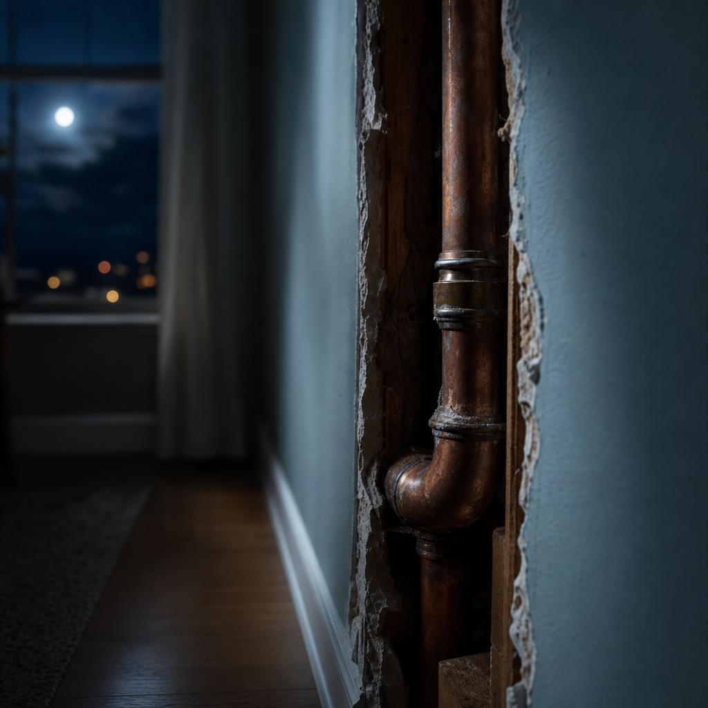 Noisy water pipes in wall at night