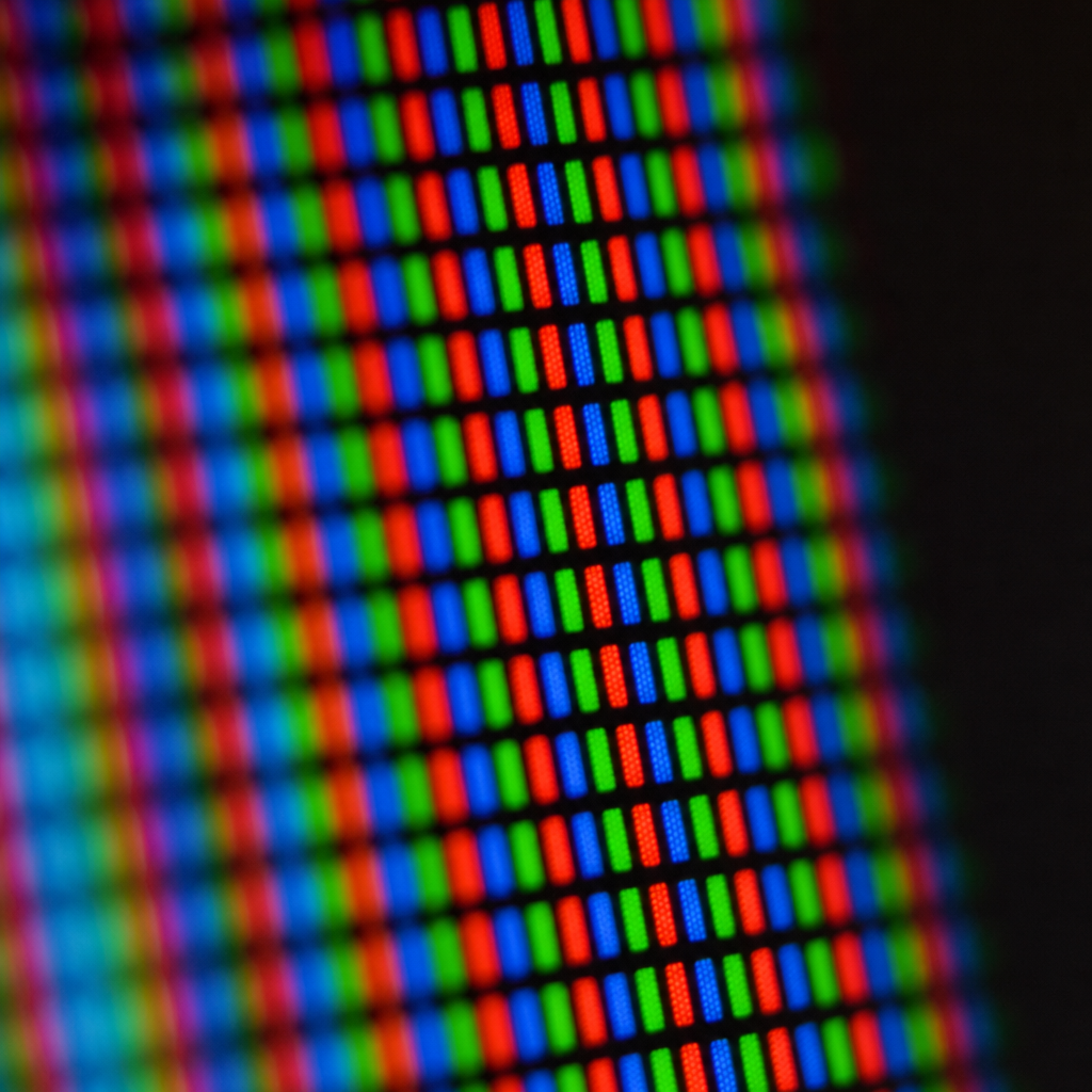 Screen displaying RGB color pixels closeup