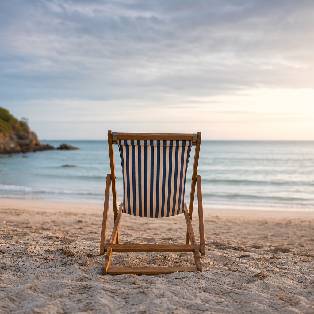 Empty beach chair facing ocean